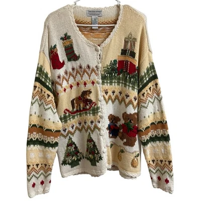 Tiara vintage para mujer talla M crema vacaciones de Navidad oso de peluche tejido suéter abierto Foto 1 de 4