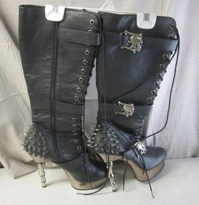 Demonia Muerto-2028 Black Faux Leather Knee High Boots Goth Punk Skull Spikes 12 - Picture 1 of 13