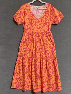 Vestido J Crew 8 Naranja Rosa Floral En Niveles Midi Tropical Vacaciones Verano Resort Foto 1 de 4