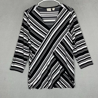 Chicos Top Womens 2 Black White Striped  V Neck 3/4 Sleeve Stretch Ladies - Image 1 of 4