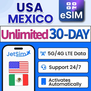 USA Mexique eSIM - Haute vitesse illimitée, 30 jours T-Mobile Verizon JetSim - Photo 1 sur 6