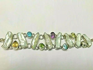Peridot, Topaz, Amethyst, Citrine, Biwa Pearls Charles Albert Bracelet ESTATE - Picture 1 of 7