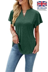 Camiseta informal para mujer con volantes manga corta color liso con cuello en V dividido - S - Imagen 1 de 7
