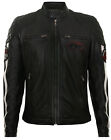 Men's Black Leather Biker Vintage Motorbike Striped Badged Racing Jacket