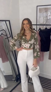 Zara Women Bloggers Fav Khaki Floral Bohemian Linen Blend Cropped Top Sz L - Picture 1 of 14