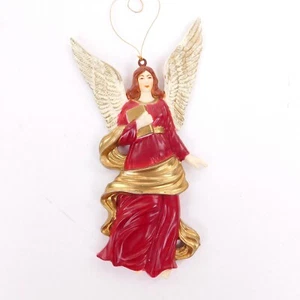 Enesco Angel Christmas Ornament 5" Red Gown Gold Tone Trim Holding Bible - Picture 1 of 5