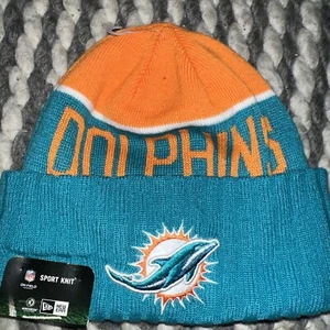 NWT Adult New Era NFL Baltimore Miami Dolphins Sport Knit Pom Hat Fleece Lined - Picture 1 of 6