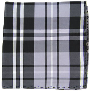 New Men's Polyester Woven pocket square hankie only black grey white plaid