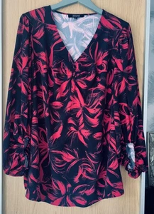 J D Williams size 20 long line black red balloon puff sleeve tunic blouse top - Picture 1 of 7