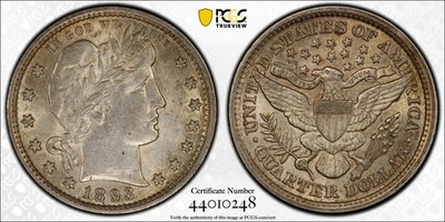  1893 P BARBER SILVER QUARTER PCGS AU Details "Tooled-Scratches" Gold Shield - Image 1 of 4