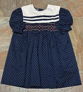 Vintage Size 3T Girls Polly Flinders Short Sleeve Smocked Blue Polka Dot Dress - Picture 1 of 7
