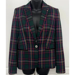 Tommy Hilfiger Women's Green Plaid One-Button Blazer w/Elbow Patches Size 4 NWOT - Afbeelding 1 van 9
