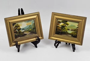 ANTICA COPPIA DI QUADRO MINIATURE PAESAGGI DIPINTI ad OLIO CORNICI in Foglia Oro - Foto 1 di 5