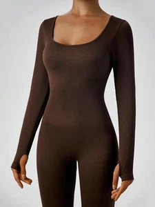 Tight Jumpsuit Seamless Ribbed Long Sleeve Brown Small One piece Yoga Suit - Picture 1 of 9
