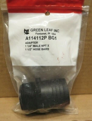 Green Leaf  1-1/4" Male Thread x 1-1/2" Hose Barb  Part # A114112P  Poly - Image 1 of 2
