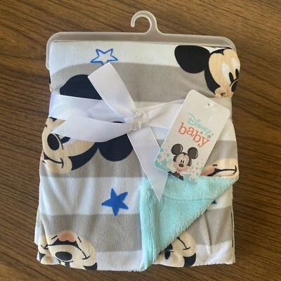 Disney Baby Mickey Mouse White Gray Stripe Blue Stars Blanket Aqua Back New Nojo - Image 1 of 4