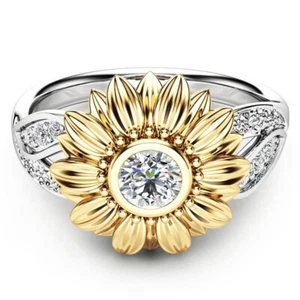 Exquisite Women's Two Tone Silver Floral Ring Round Diamond Gold Sunflower Jewel - Picture 1 of 15