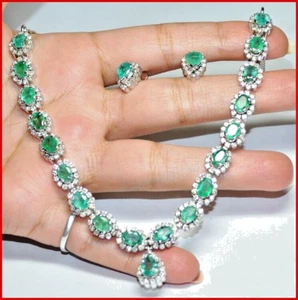 5.18ct Natural Round Diamond Emerald 14K White Gold Anniversary Necklace Set - Picture 1 of 11