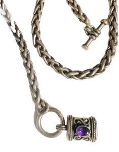 Men’s Sterling Silver Wheat Chain 17” Necklace Amethyst Dangle Toggle Clasp 54g! - Picture 1 of 7