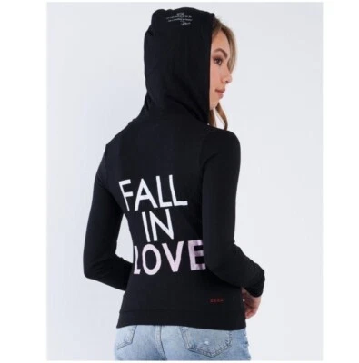 Peace Love World Black Hoodie fall in love back print Thumbholes in sleeves - Image 1 of 4
