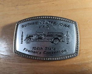 VINTAGE Firemen's Belt Buckle - 1882-1982 Convention Guthrie Center, Iowa -Metal - Picture 1 of 4