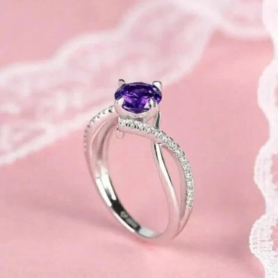 2Ct Round Cut Simulated Purple Amethyst Womens Ring 14k White Gold Plated - Image 1 of 3