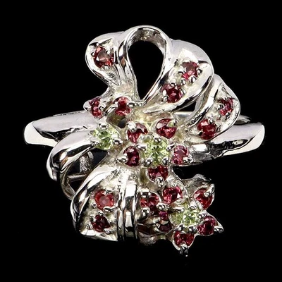 925 Sterling Silver Ring Round Peridot Rhodolite Garnet Gemstone Jewelry Size 7 - Image 1 of 4