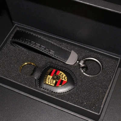 Leather Porsche Premium Keychain with Box Exquisite Set Men Gift-Black Foto 1 de 4