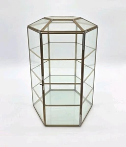 Vintage Brass & Glass Hexagon Display Curio Cabinet 4 Tier Shelves Hinged Door - Picture 1 of 6