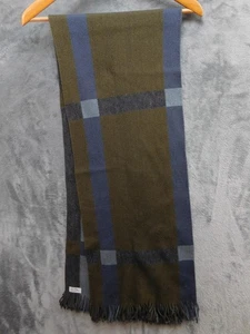Wool Scarf Mens One Size Olive Green Blue Gray Plaid Fringe Made in Germany - Picture 1 of 4