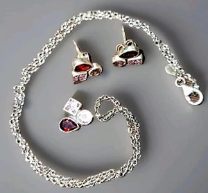 SILPADA NECKLACE EARRINGS Hearts a Flutter SET STERLING SILVER CZ Pink Red  - Picture 1 of 17
