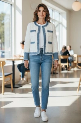 Chaqueta abierta de tweed y mezclilla blanca brillante para mujer Nanette Lepore talla XL nueva sin etiquetas Foto 1 de 4