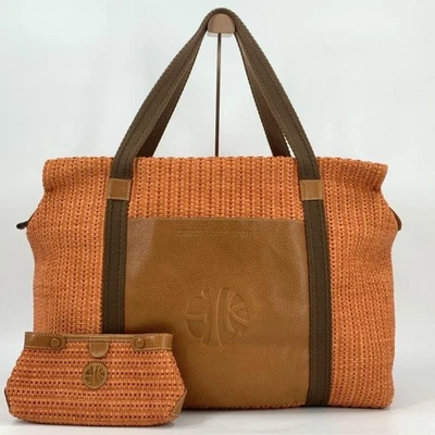 LOEWE Knappe Tote Bag Orange Leather Straw US TAX Includ - Image 1 of 4