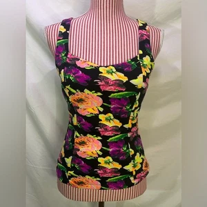 Retro Pinup Bustier Top Blumen Neon Schwarz Herzausschnitt Ärmellos von Deb Gr. Large - Bild 1 von 8