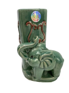 Vintage Art Pottery Shiny Glazed Heart Shape Green Bamboo Planter With Elephant - Picture 1 of 9