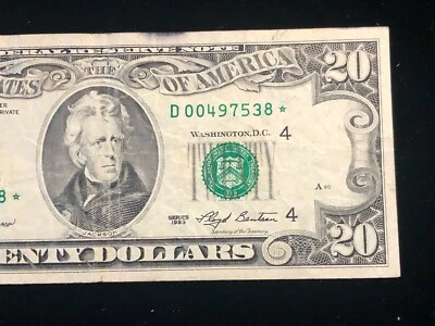 $20 1993 D Cleveland Star Note * Andrew Jackson Very Short Run FRN # D00497538* - Image 1 of 4