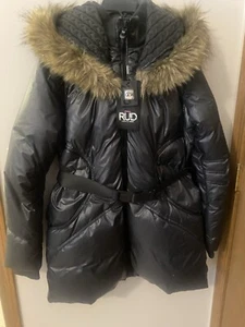 NWT AUTHENTIC RUDSAK FITTED DOWN WOMEN’S MIDLENGTH BLACK JACKET XL FAUX FUR WARM - Picture 1 of 18