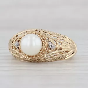 Vintage Estate 10K Yellow Gold Cultured Pearl & Diamond Filigree Ring Sz 9.75 - Picture 1 of 16