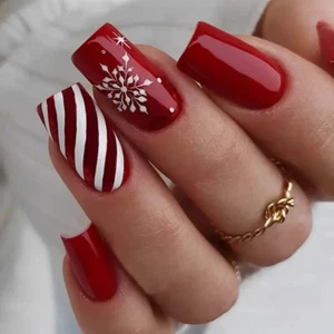 24 Stück Glossy Medium Square Fake Nails, Weihnachten Press On Nails mit Rot Weiß S - Bild 1 von 6
