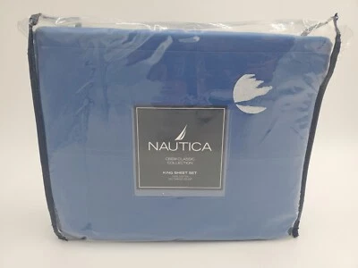 New Nautica Crew Classic Collection Navy Blue Solid King Sheet Set 100% Cotton  - Image 1 of 2