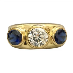 14K Gold 3-Stone Moissanite Ring Simulated Sapphire Bezel Set GRA Certified Gift - Picture 1 of 10