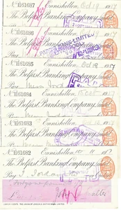 CHEQUES. LOTE DE 6 BANCOS BELFAST CONSECUTIVOS, ENNISKILLEN. 1917.  (LOTE41) - Imagen 1 de 1