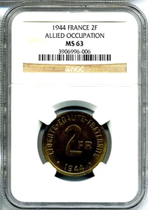 France, 1944 2 Francs, Brass, KM-905, Philadelphia Mint -- NGC MS63 (9/11) - Picture 1 of 6