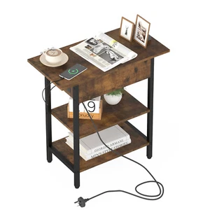 Side Table w/ Charging Station Narrow Flip Top End Table Bedside Table Walnut - Picture 1 of 9