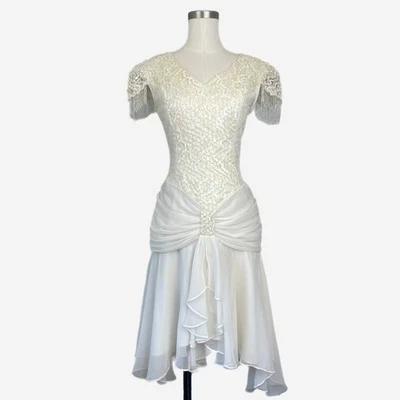 Dollar USA Vintage 1990s Victorian lace sequin beaded drop waist chiffon dress S - Image 1 of 4