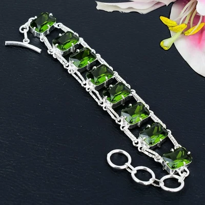 Gift For Mom Peridot Gemstone Handmade 925 Sterling Silver Bracelet -8" - Image 1 of 4