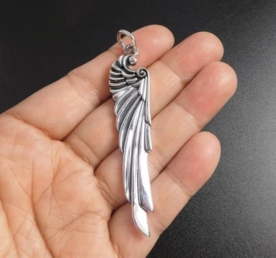 Pingente de penas unissex de prata esterlina sólida grande asa de anjo pássaro ótimos detalhes - Imagem 1 de 4