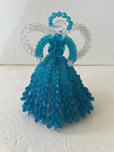 Vintage Handmade Plastic Beaded Wired Angel 6” Table Or Tree Topper Teal Blue - Picture 1 of 9