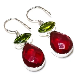 Mozambique Garnet, Peridot Gemstone 925 Sterling Silver Jewelry Earring 1.81" - Picture 1 of 5