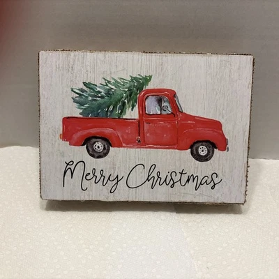 Merry Christmas Tree Red Farm Truck Canvas Art Box 7”x5”x1” - Image 1 of 4